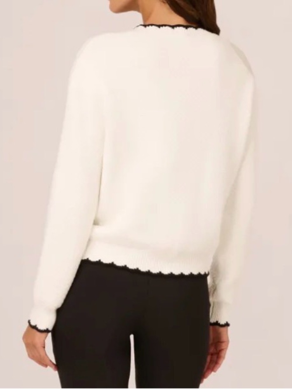 Adriana Papell White Textured Scalloped V-Neck Cardigan with Black Trim - Picture 2 of 7
